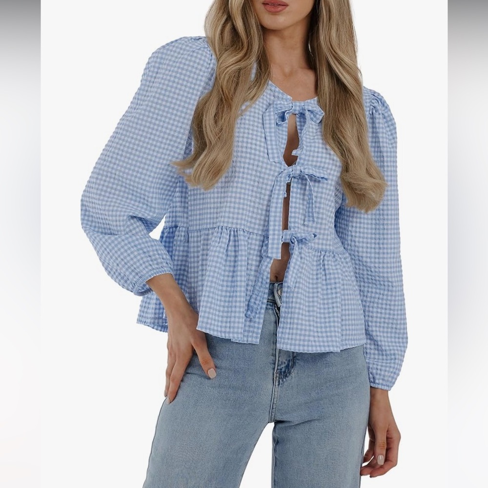 NWOT PRETTYGARDEN Babydoll Peplum Blouse Shirt Puff Long Sleeve Bow Tie Front XL